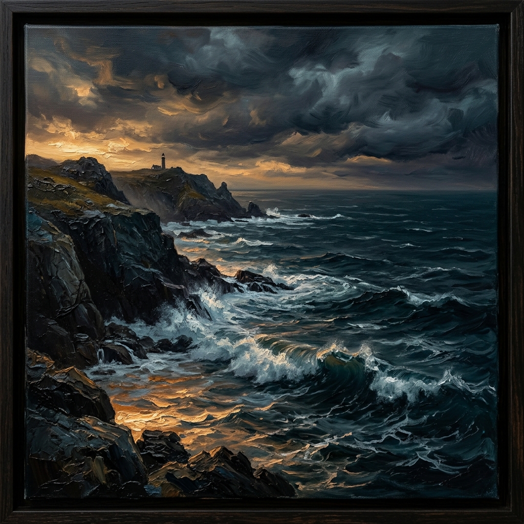 Stormy ocean cliffs at dusk