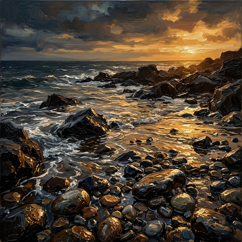 Wet pebble shore at sunset